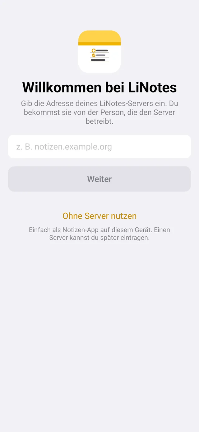 Startbildschirm mit Feld für die Serveradresse und „Ohne Server nutzen“