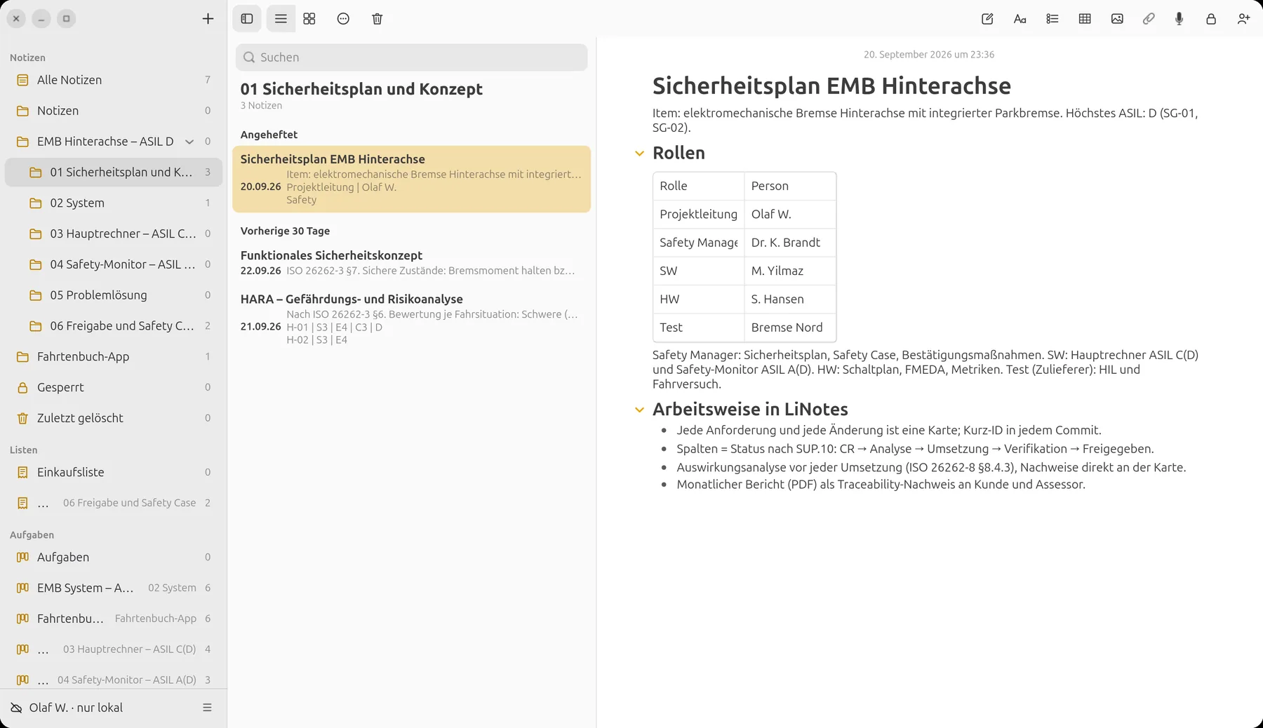 Sicherheitsplan in Ordner 01 mit Rollen-Tabelle und Arbeitsweise