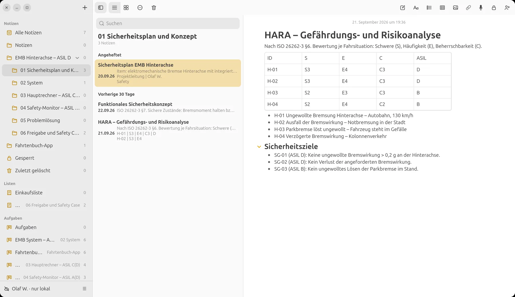 HARA-Notiz mit Tabelle S/E/C/ASIL und Sicherheitszielen