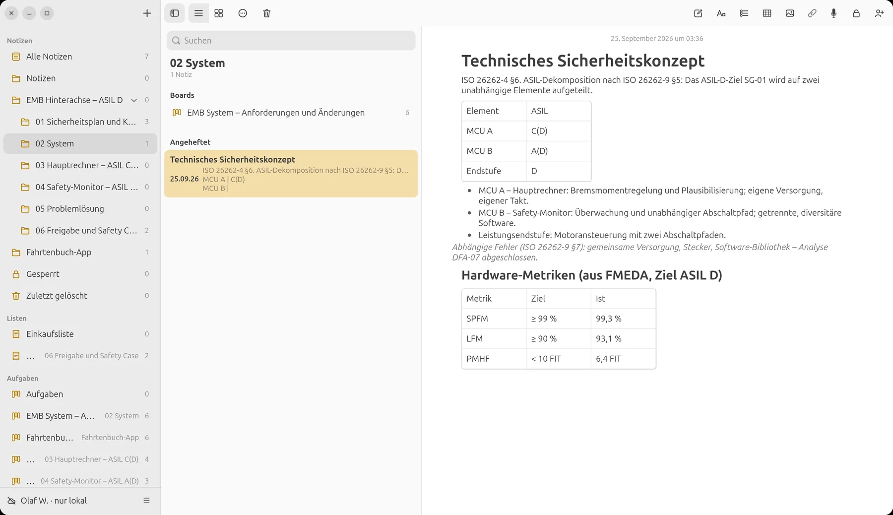 Technisches Sicherheitskonzept mit Dekompositionstabelle und Hardware-Metriken