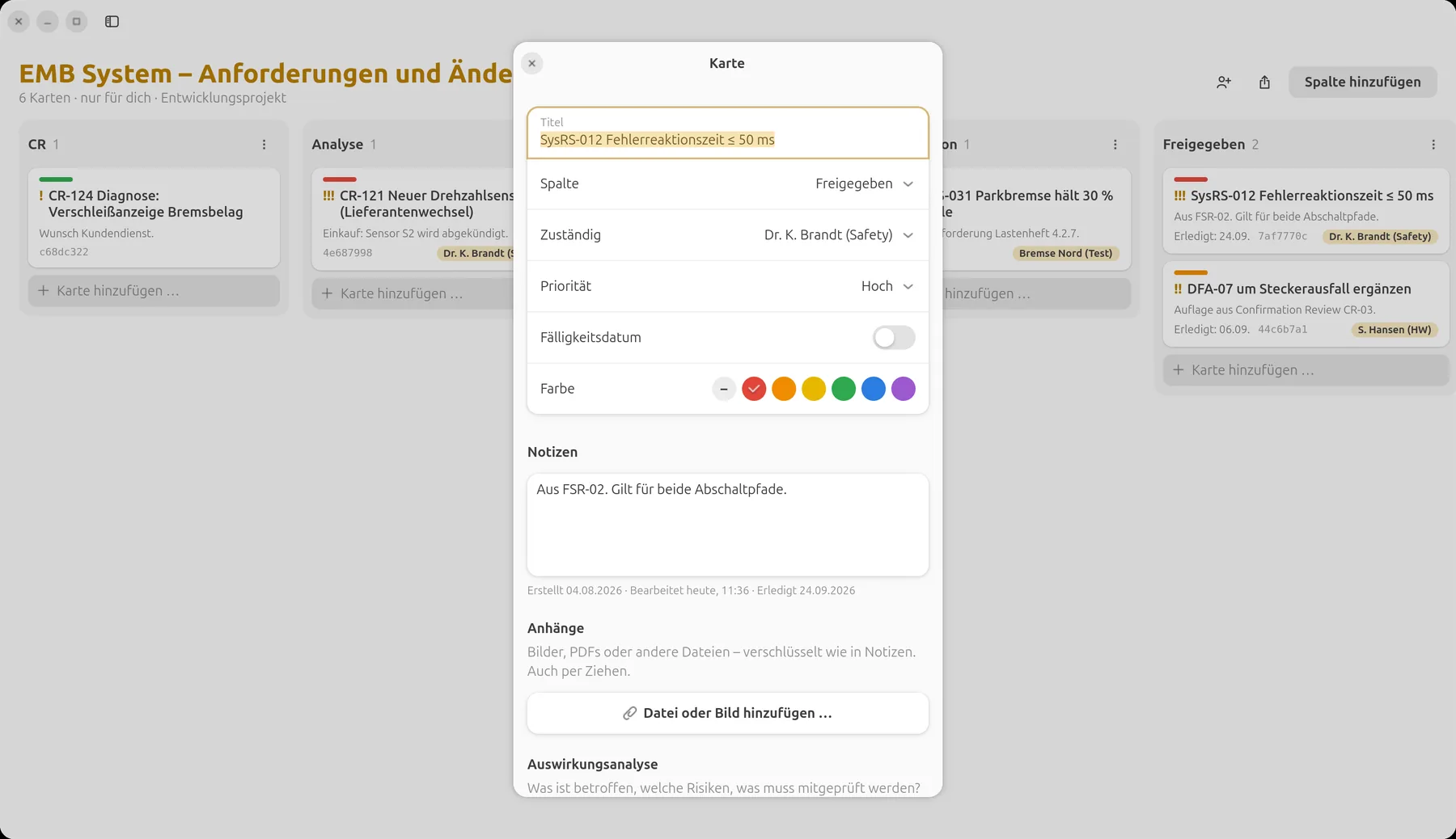 Karte SysRS-012 mit Spalte, Zuständig, Priorität und Notizen