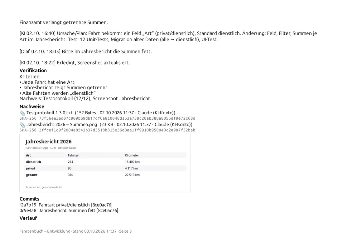 Bericht: Detailseite mit Testprotokoll und Screenshot als Nachweis