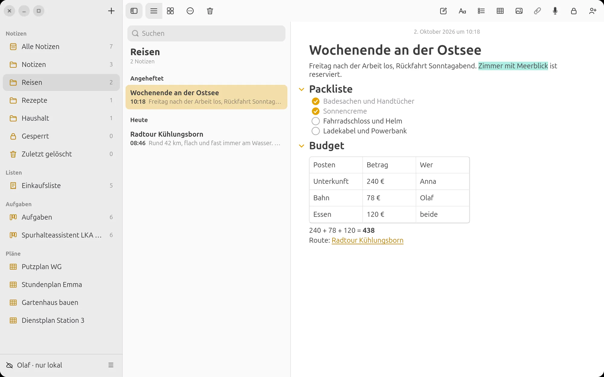 Notiz mit Tabelle