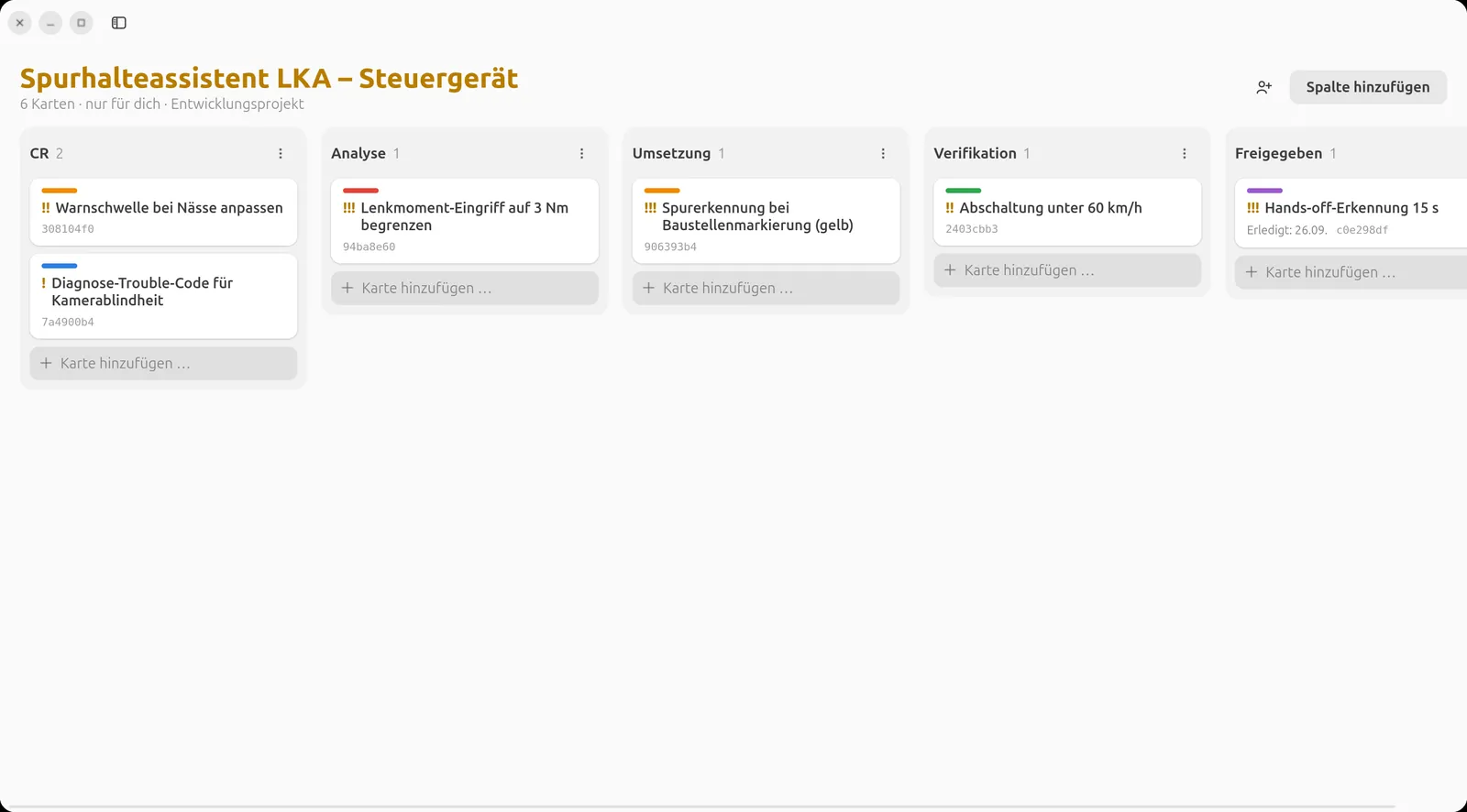 Entwicklungsprojekt „Spurhalteassistent LKA – Steuergerät“ mit den Spalten CR, Analyse, Umsetzung, Verifikation und Freigegeben
