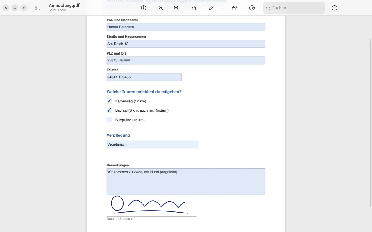 Ausgefülltes Formular mit Unterschrift